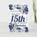 Grandson 15th Birthday Navy Balloon Kaart<br><div class="desc">Een prachtige marine en een zilveren ballon met een 15e verjaardagskaart. Dit geweldige ontwerp is de perfecte manier om je kleinzoon een gelukkige 15e verjaardag (of elke leeftijd!) te wensen die zich aanpast met onze eigen eigen naam en boodschap. Blauwe gekleurde typografie.</div>