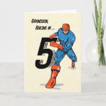 Grandson 5th Birthday Superhero Kaart<br><div class="desc">Happy 5th Birthday says this superhero as he runs in with the large number 5! Wish your grandson happy 5th birthday like the belangrijk superhero that he is!</div>