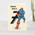 Grandson 7th Birthday Superheld Kaart<br><div class="desc">Op de zevende verjaardag van je kleinzoon,  is deze superheld,  in blauw en oranje,  met speciale wensen aan het rennen! Wat een leuke kaart voor je kleinzoon op zijn zevende verjaardag.</div>