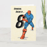 Grandson 8th Birthday Superhero Kaart<br><div class="desc">This superhero,  carrying the number 8,  is racing to let a special grandson know that you think so much of him - that he is a superhero! Perfect card to send to your grandson who is turning 8 years old.</div>
