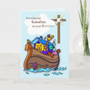 Grandson Baptism Card met Noah's Ark, Blue Kaart