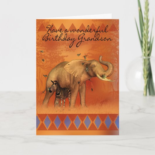 Grandson Birthday Card With Elephant Butterfly And Kaart (Voorkant)