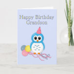 Grandson Birthday Cartoon Owl en ballonnen Kaart<br><div class="desc">Deze kaart wenst een kleinzoon een gelukkige verjaardag. Het heeft een schattige tekening van een blauwe uil met een feestelijk pet op het hoofd. Het houdt een hoop gele roze en blauwe ballonnen vast,  een leuke en gelukkige kaart voor een jonge kleinzoon.</div>