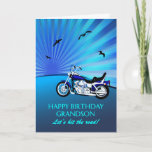 Grandson Birthday Motorbike Sunset Kaart<br><div class="desc">Fijne verjaardag kleinzoon kaart met een motor. Een perfecte kaart voor een fietser. Een blauwe motorfiets met een gestileerde zonsondergang en vliegende vogels. Elke fietsenliefhebber zal graag zo'n kaart krijgen.</div>