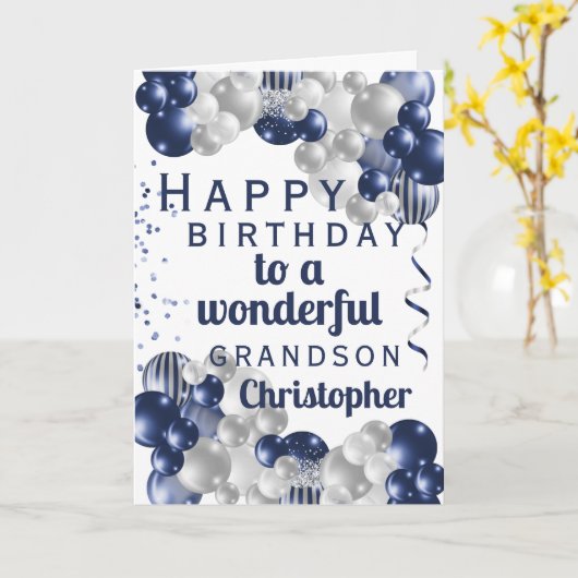 Grandson Birthday Navy Balloon Kaart (Gele Bloem)