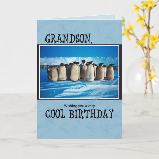 Grandson Birthday, pinguïns Kaart (Gele Bloem)