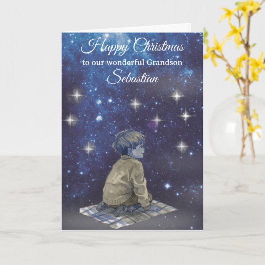 Grandson Christmas Card – Starry Night  Kaart (Gele Bloem)