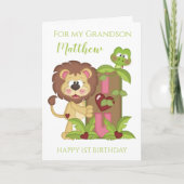 Grandson First Birthday Cute Lion Foto Kaart (Voorkant)