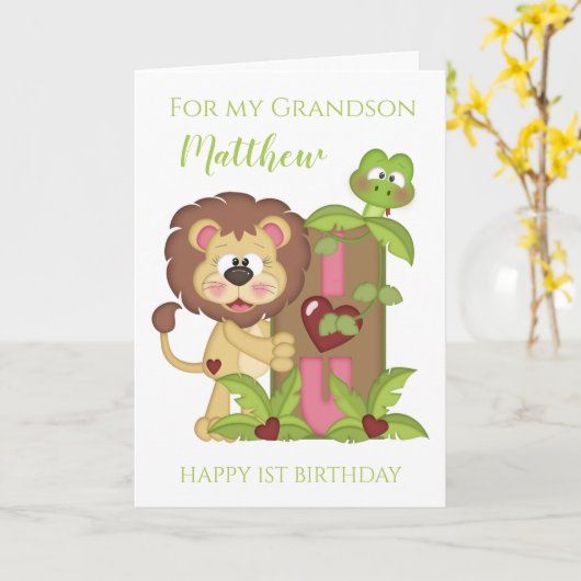 Grandson First Birthday Cute Lion Foto Kaart (Gele Bloem)