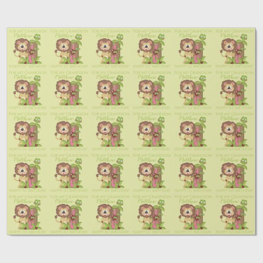 Grandson First Birthday Cute Lion Wrapping Paper Cadeaupapier (Vlak)