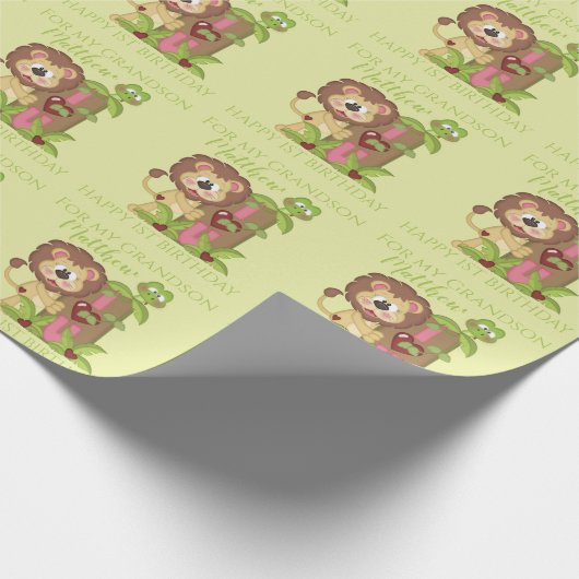 Grandson First Birthday Cute Lion Wrapping Paper Cadeaupapier (Hoek)