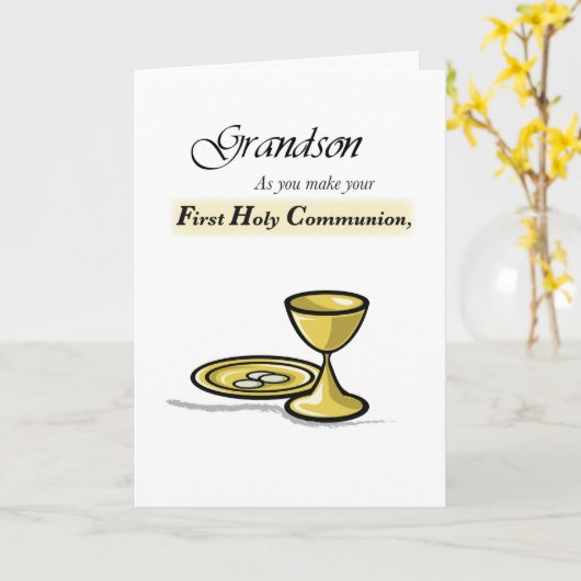 Grandson First Communion Gold Chalice, Paten Kaart (Gele Bloem)