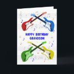 Grandson Guitars Birthday Card Kaart<br><div class="desc">Een mooie verjaardagskaart voor een kleinzoon. Elektrische gitaarkleurige kunst met een muziekschaal op de achtergrond. Je kunt niet te veel gitaren hebben. Een heel coole gitaarverjaardagskaart,  viert de energie en de pure lol van dit muziekinstrument. Een perfecte verjaardagskaart voor gitaristen en muziekliefhebbers.</div>