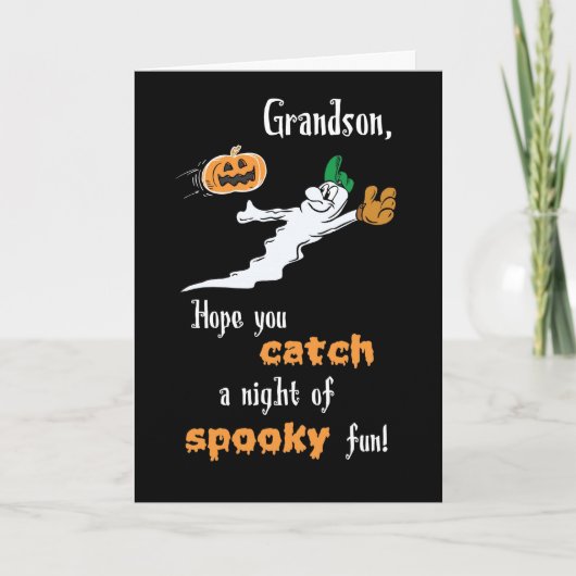 Grandson Halloween Baseball Ghost met pompoen Kaart (Voorkant)