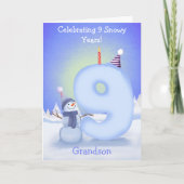 Grandson Happy 9th Birthday Snowman Building  Kaart (Voorkant)