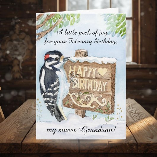 Grandson Happy February Birthday Woodpecker Kaart