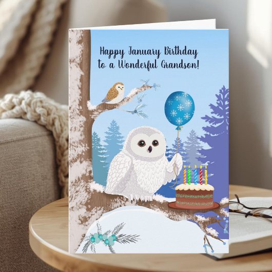 Grandson Happy January Birthday Snowy Owl Kaart