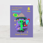 Grandson Spaceship Alien Cute Happy Birthday Card Kaart<br><div class="desc">Superschattig afbeelding voor het kolossale cartoon met een klein groen man,  sterren,  planeten en ruimteschip; zo'n leuk en kleurrijk ontwerp dat eenvoudig kan worden aangepast met een naam,  leeftijd en bericht,  zodat je die extra speciale aanraking zonder extra kosten kunt uitvoeren.</div>