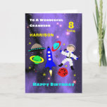 Grandson Spaceship Astronaut Cute Happy Birthday Kaart<br><div class="desc">Superschattig afbeelding voor ruimtevaartthema cartoon met een astronaut in ruimte,  raket,  sterren,  planeten en ruimteschip; zo'n leuk en kleurrijk ontwerp dat eenvoudig kan worden aangepast met een naam,  leeftijd en bericht,  zodat je die extra speciale aanraking zonder extra kosten kunt uitvoeren.</div>