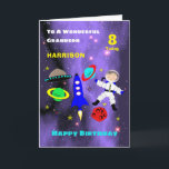 Grandson Spaceship Astronaut Cute Happy Birthday Kaart<br><div class="desc">Superschattig afbeelding voor ruimtevaartthema cartoon met een astronaut in ruimte,  raket,  sterren,  planeten en ruimteschip; zo'n leuk en kleurrijk ontwerp dat eenvoudig kan worden aangepast met een naam,  leeftijd en bericht,  zodat je die extra speciale aanraking zonder extra kosten kunt uitvoeren.</div>