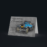 Grandson, Vintage Blue Car OnWatercolor Background Kaart<br><div class="desc">A vintage blue car,  sketch and loose paint with a watercolor effect background. Great for the male birthday and with nice wording on the front for that special day</div>