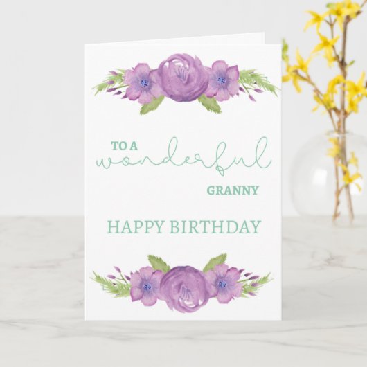 Granny Birthday Card - Paarse Waterverf ventilator Kaart (Gele Bloem)