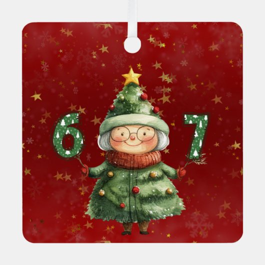 Granny Dressed As Christmas Tree Holding Six Seven Metalen Ornament (Voorkant)
