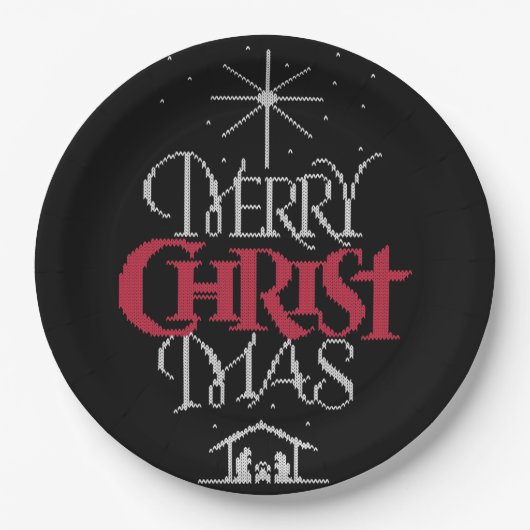 Granny Knit Religieuze Ugly Merry KerstSweater Papieren Bordje (Voorkant)