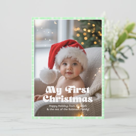 Granny Smith Appel Gingham Mijn Eerste Kerst Baby Feestdagenkaart (Staand voorkant)