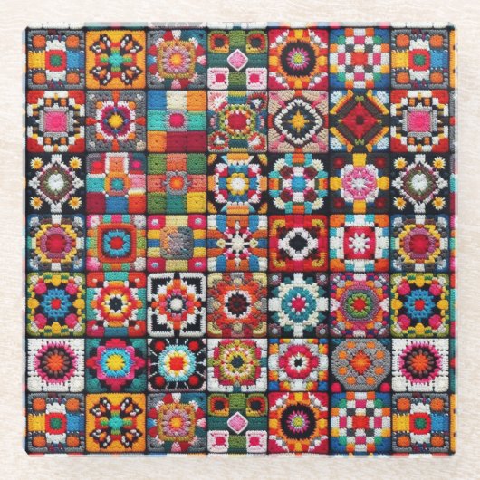 Granny Squares Haak Patroon Deken Print Glazen Onderzetter (Voorkant)
