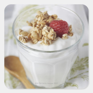 Granola, haver, geroosterd fruit, bessen, framboze vierkante sticker