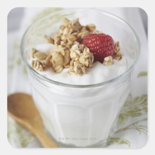 Granola, haver, geroosterd fruit, bessen, framboze vierkante sticker (Voorkant)