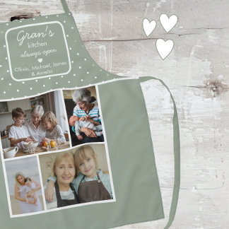 Gran's Kitchen Always Open Sage Green Dots Photo Schort