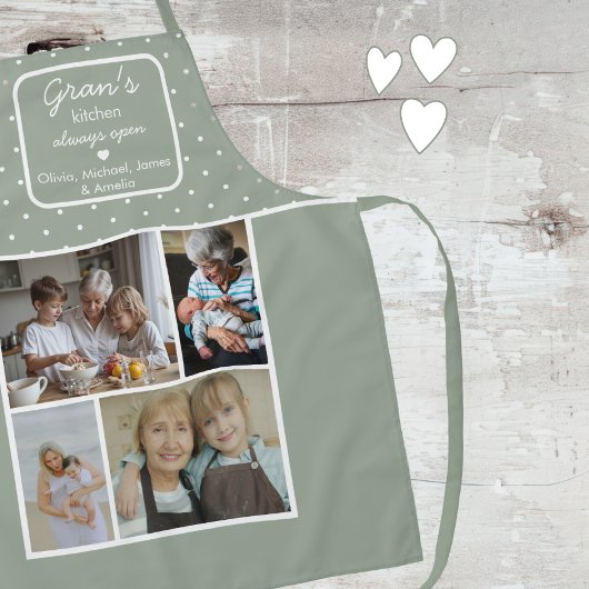 Gran's Kitchen Always Open Sage Green Dots Photo Schort