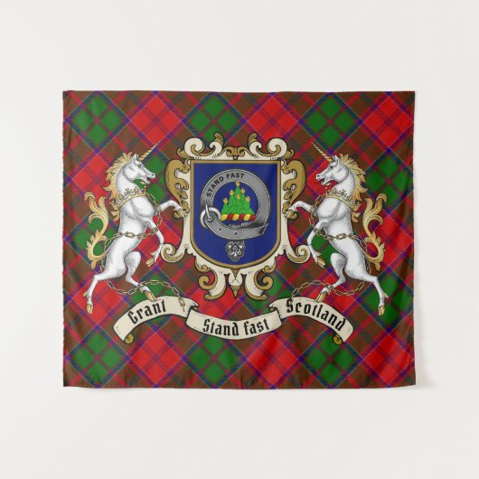 Grant Clan Badge & Unicorns met Tartan Wandkleed (Voorkant (horizontaal))