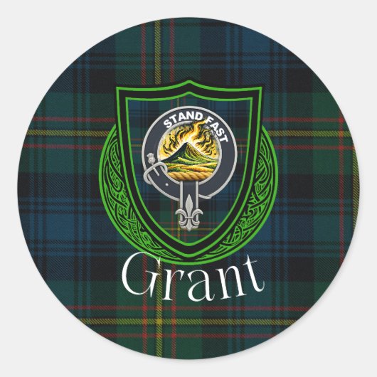 Grant Scottish Clan Tartan & Crest Ronde Sticker (Voorkant)