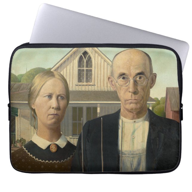 Grant Wood - Amerikaans Gothic Laptop Sleeve (Voorkant)