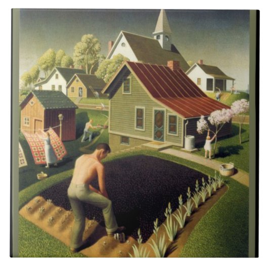 Grant Wood - Lente in Town, beroemd schilderij; Tegeltje (Voorkant)