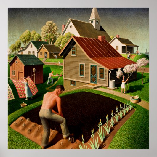 Grant Wood - Lente in Town, kunstschilderij Poster (Voorkant)