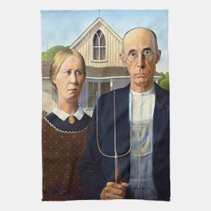 Grant Wood's Amerikaanse Gotische Retro Keukenhand Theedoek