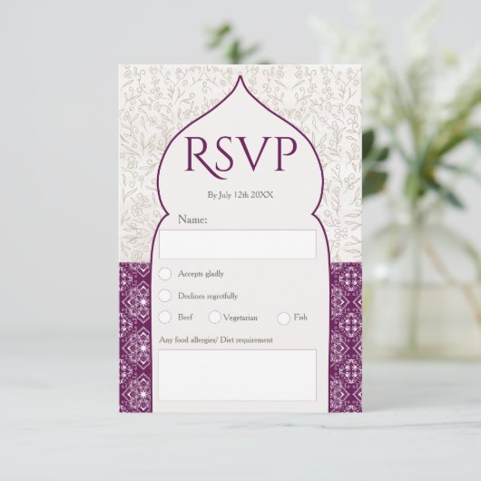 Grape Moroccan floral rsvp bruiloft Kaart (Staand voorkant)