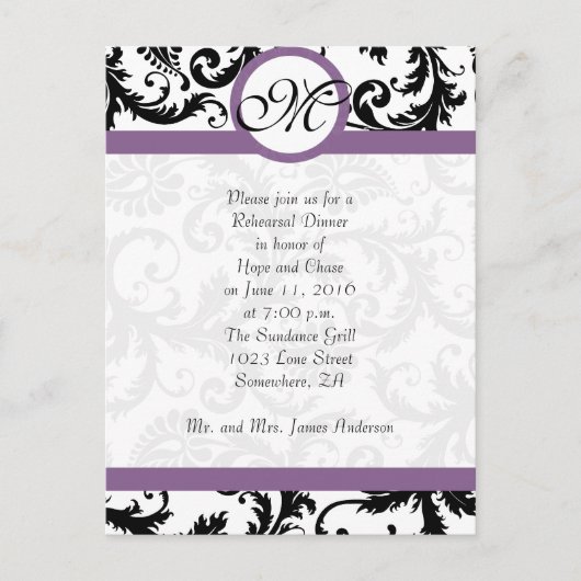 Grape Trim Black Damask Swirls Rehearsal Dinner Briefkaart (Voorkant)