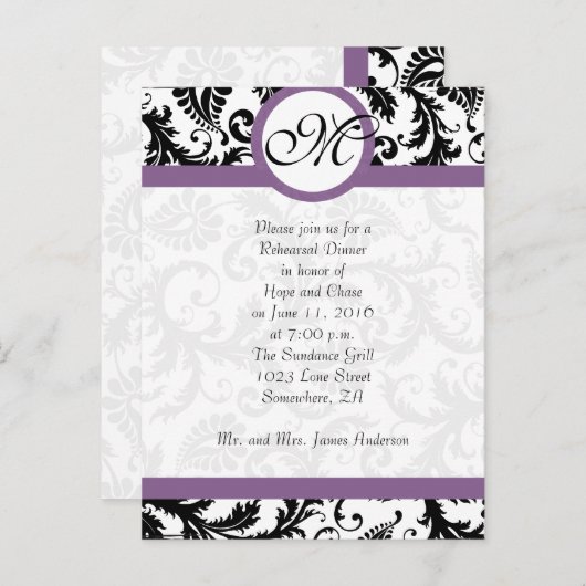 Grape Trim Black Damask Swirls Rehearsal Dinner Uitnodiging Briefkaart (Voorkant / Achterkant)