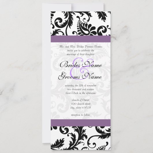 Grape Trim Black Damask Swirls Wedding Invitation Kaart (Voorkant)