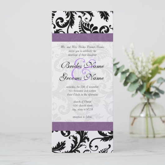 Grape Trim Black Damask Swirls Wedding Invitation Kaart (Staand voorkant)
