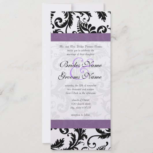 Grape Trim Black Damask Swirls Wedding Invitation Kaart (Voorkant)