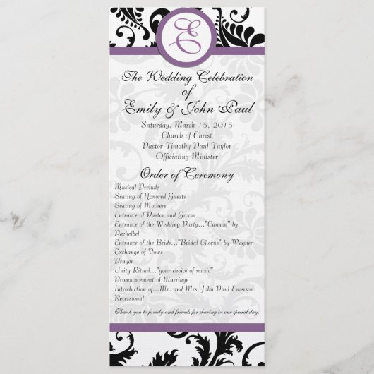 Grape Trim Black Damask Swirls Wedding Program Programmakaart (Voorkant)