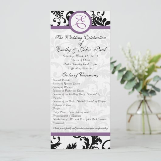 Grape Trim Black Damask Swirls Wedding Program Programmakaart (Staand voorkant)