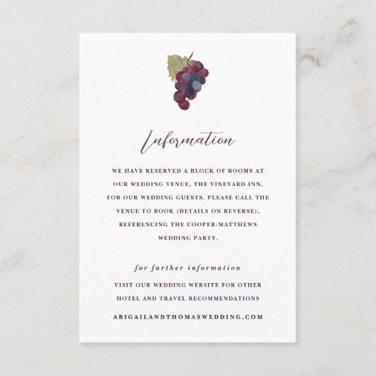 Grape Vine Hotel Informatie Wijngaard Trouwen Informatiekaartje (Voorkant)