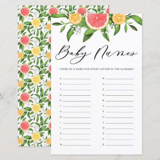 Grapefruit Baby namen Alfabet Baby shower Game (Voorkant / Achterkant)